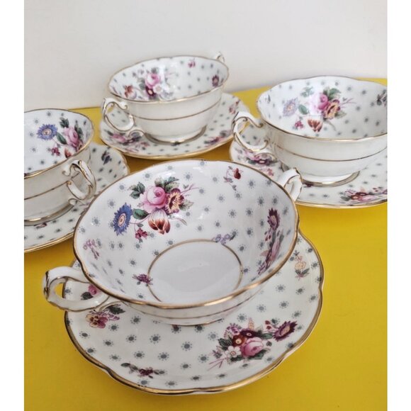 Swansea England Bone China  Two Handled Soup Bowls & Saucer sets(4)  Midsummer - Picture 7 of 15